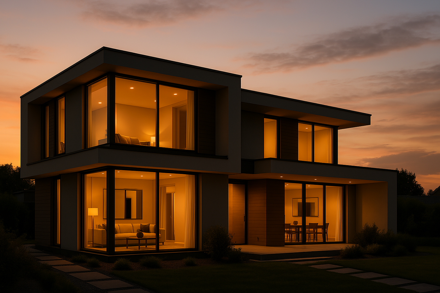 Casa estilo moderno con ventanales y se muestra iluminacion
